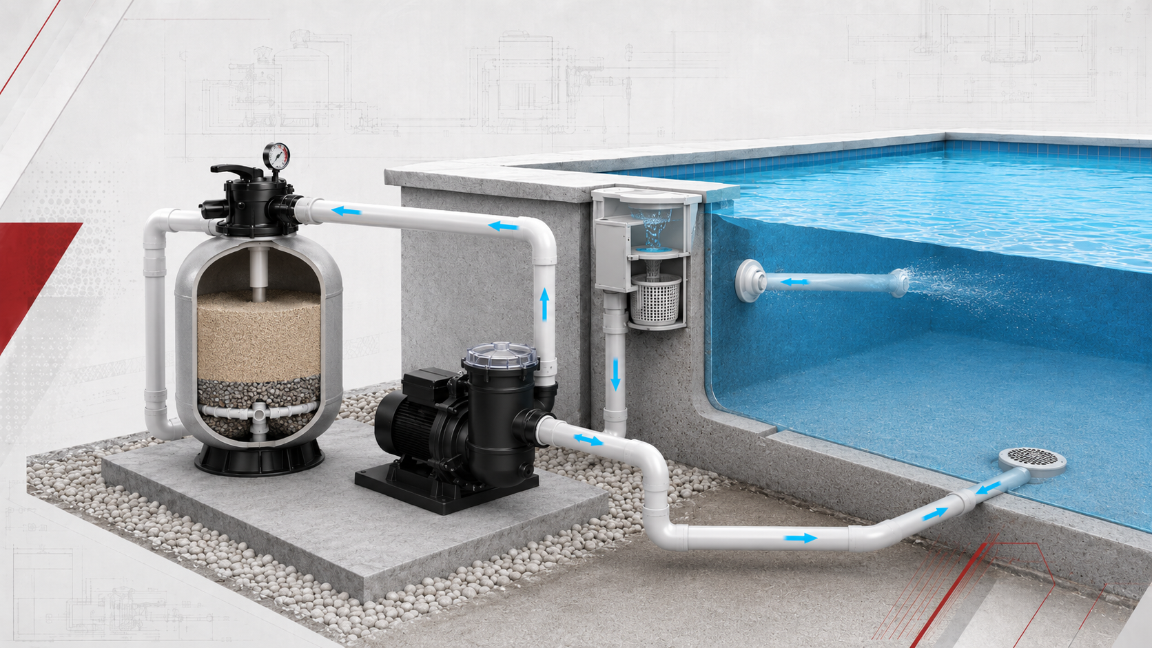 Schema tecnico di filtrazione a sabbia per piscina